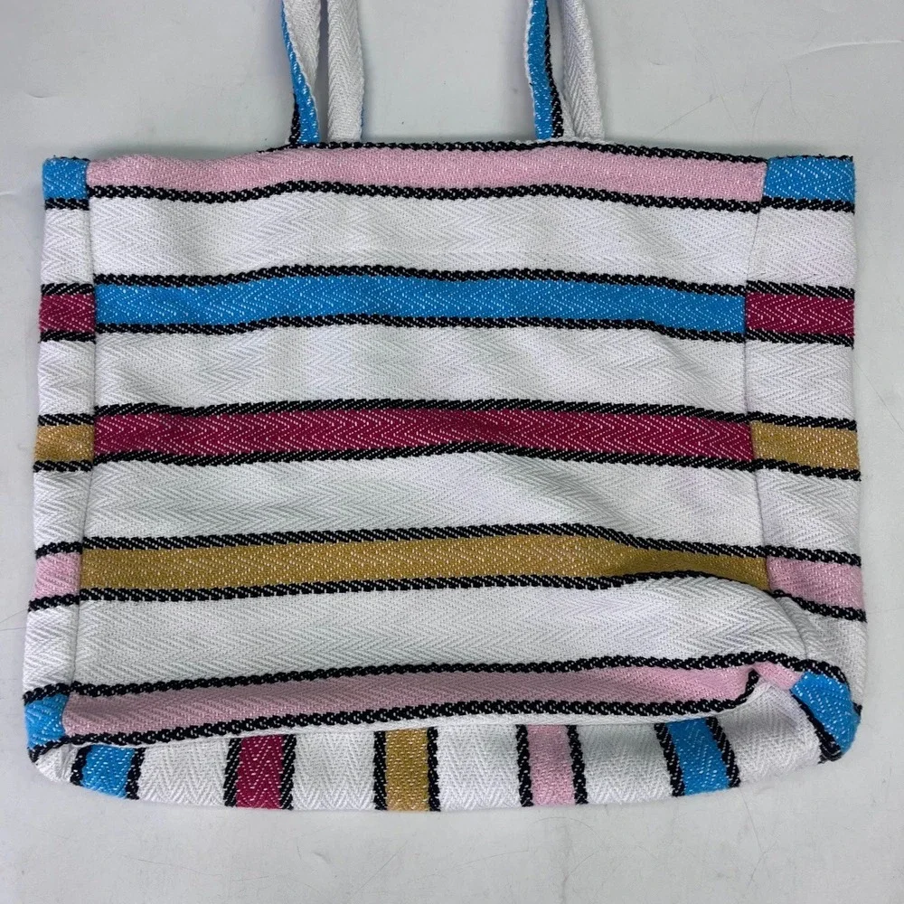Senor Lopez Woven Striped Tote Bag White Blue Pink Cotton Blend Made in Mexico